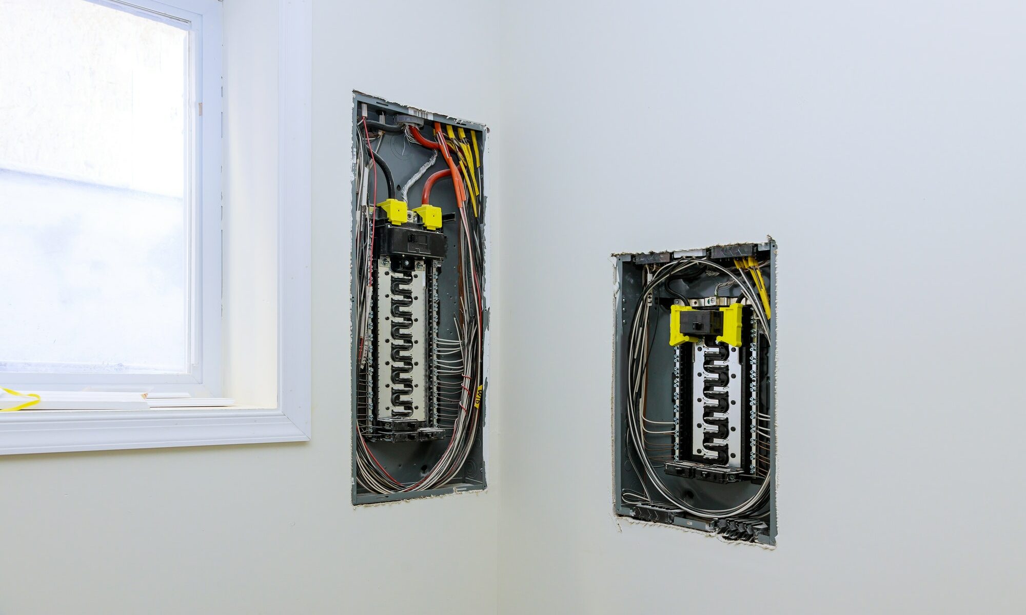 Electrical voltage switchboard box with wires with circuit breakers.